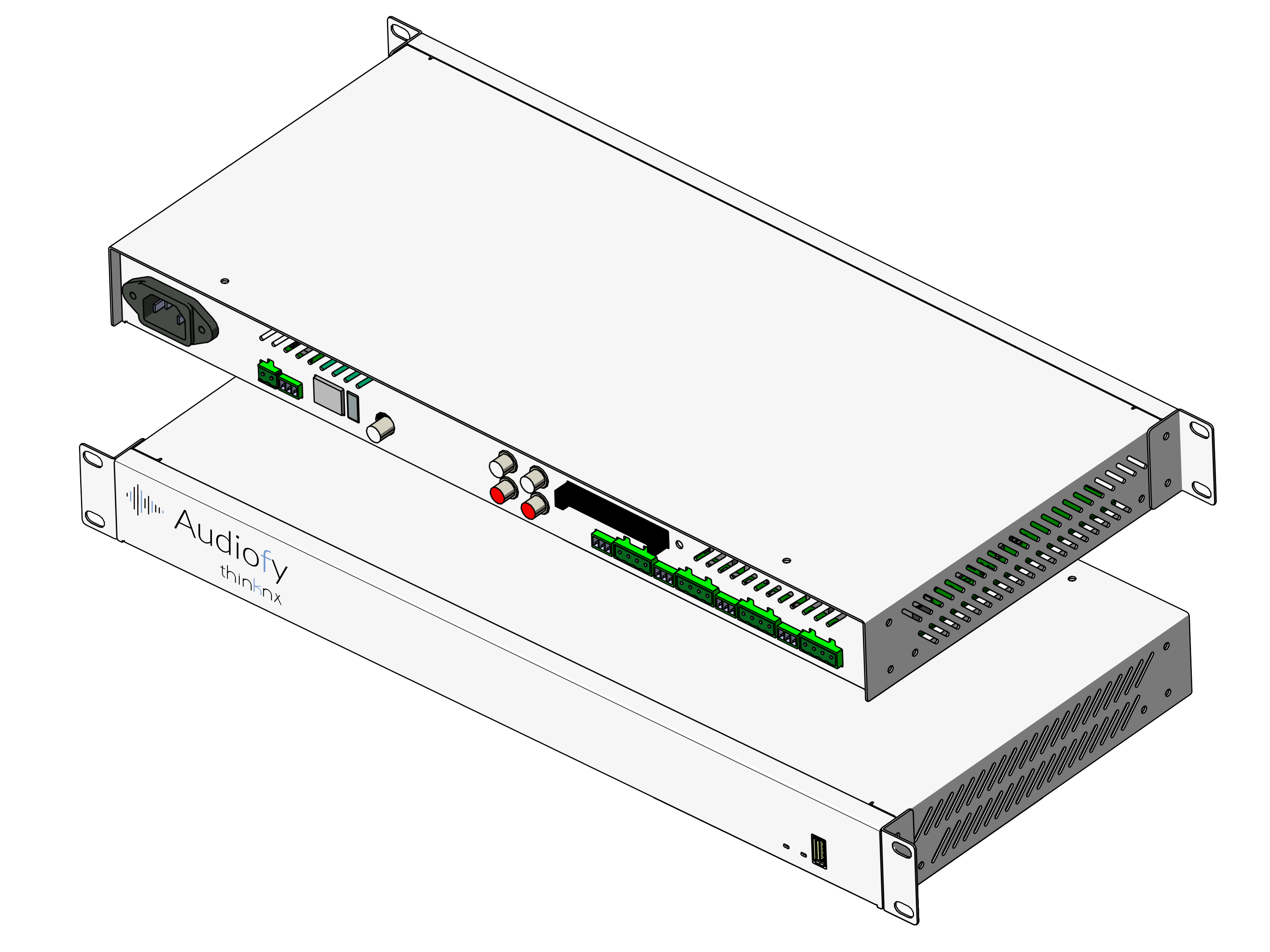 Thinknx Audiofy P4multiroom sound system 4x internal network player 2x single ended inputs 4x amplified stereo out 1x ethernet port 1x EIB/KNX TP port 2x USB port Power 100-240 VAC 200W max